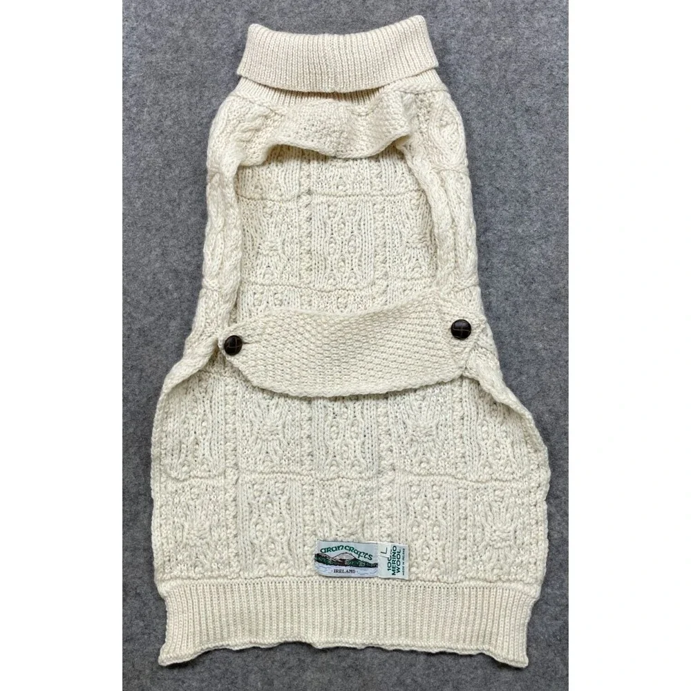Aran Crafts Ireland Dog Sweater Coat 100% Merino Wool Cable Knit Natural Ivory L